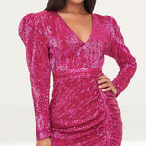 Lavish Alice Puff Shoulder Pleated Sequin Mini Dress In Pink