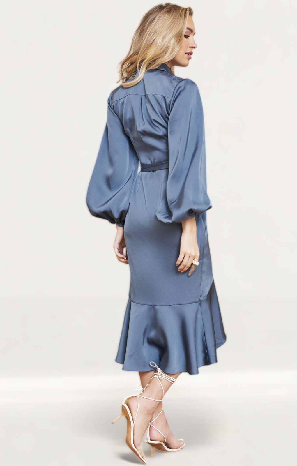Lavish Alice Steel Blue Satin Balloon Sleeve Wrap Dress