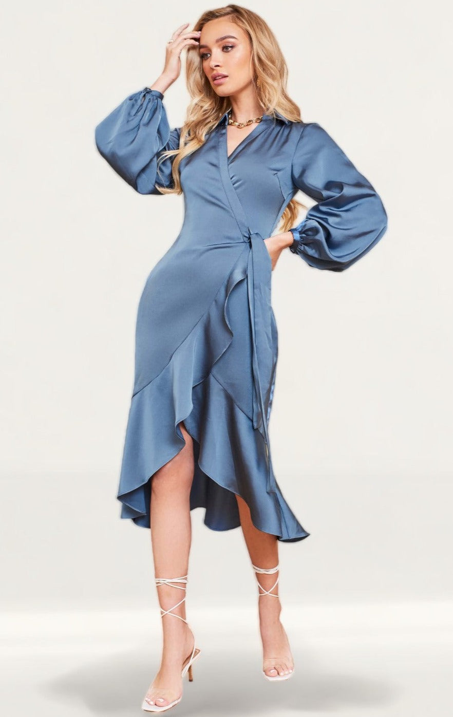 Lavish Alice Steel Blue Satin Balloon Sleeve Wrap Dress