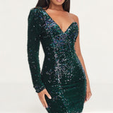 Lavish Alice Velvet Sequin One Shoulder Emerald Dress