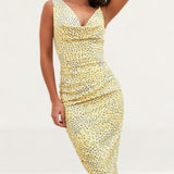 Lavish Alice Yellow Floral Cowl Neck Asymmetric Midi Dress