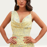 Lavish Alice Yellow Floral Cowl Neck Asymmetric Midi Dress