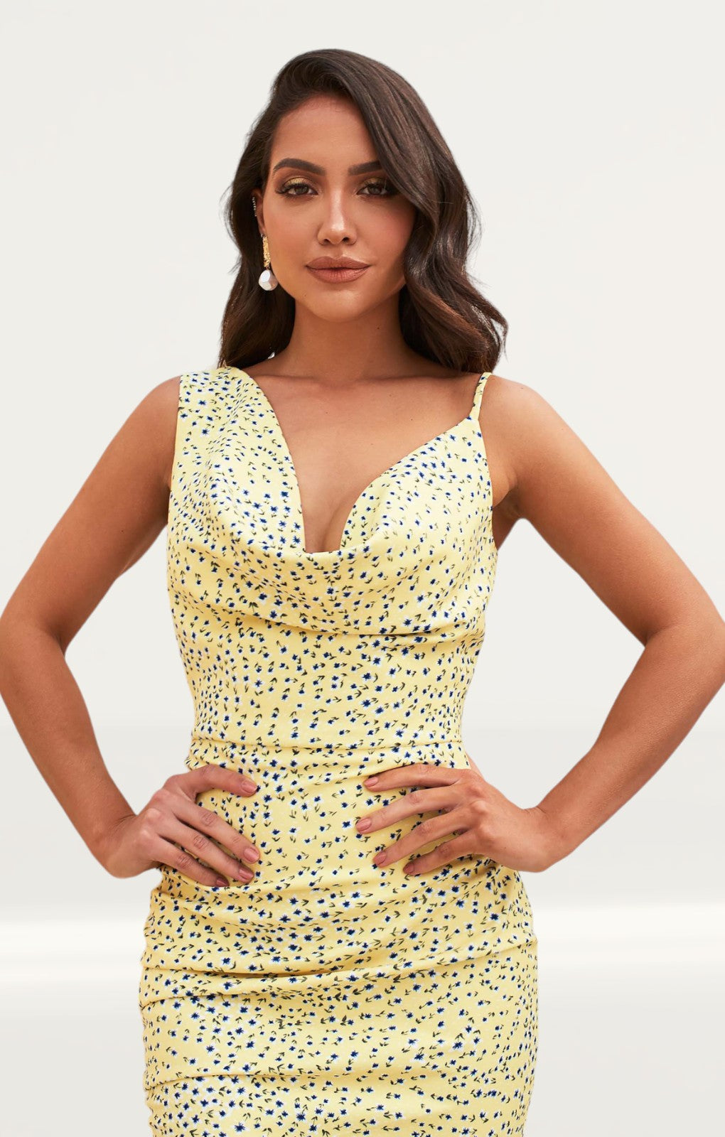 Lavish Alice Yellow Floral Cowl Neck Asymmetric Midi Dress
