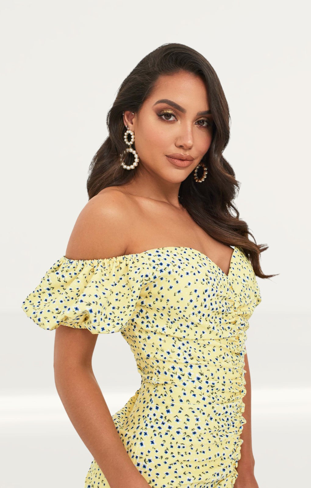 Lavish Alice Yellow Floral Off Shoulder Puff Sleeve Mini Dress