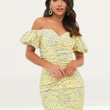 Lavish Alice Yellow Floral Off Shoulder Puff Sleeve Mini Dress