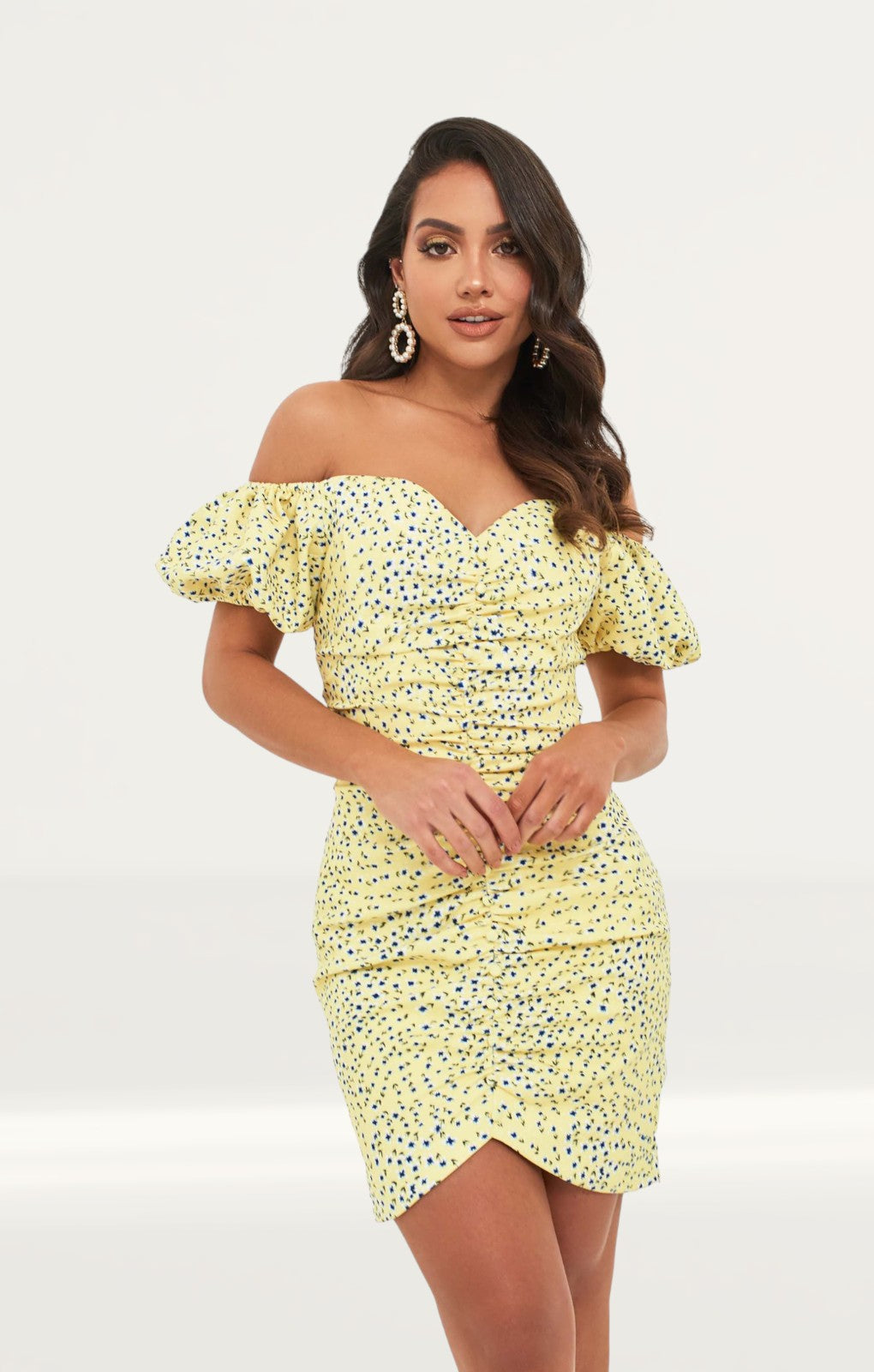 Lavish Alice Yellow Floral Off Shoulder Puff Sleeve Mini Dress