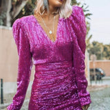 Lavish Alice Puff Shoulder Pleated Sequin Mini Dress In Pink