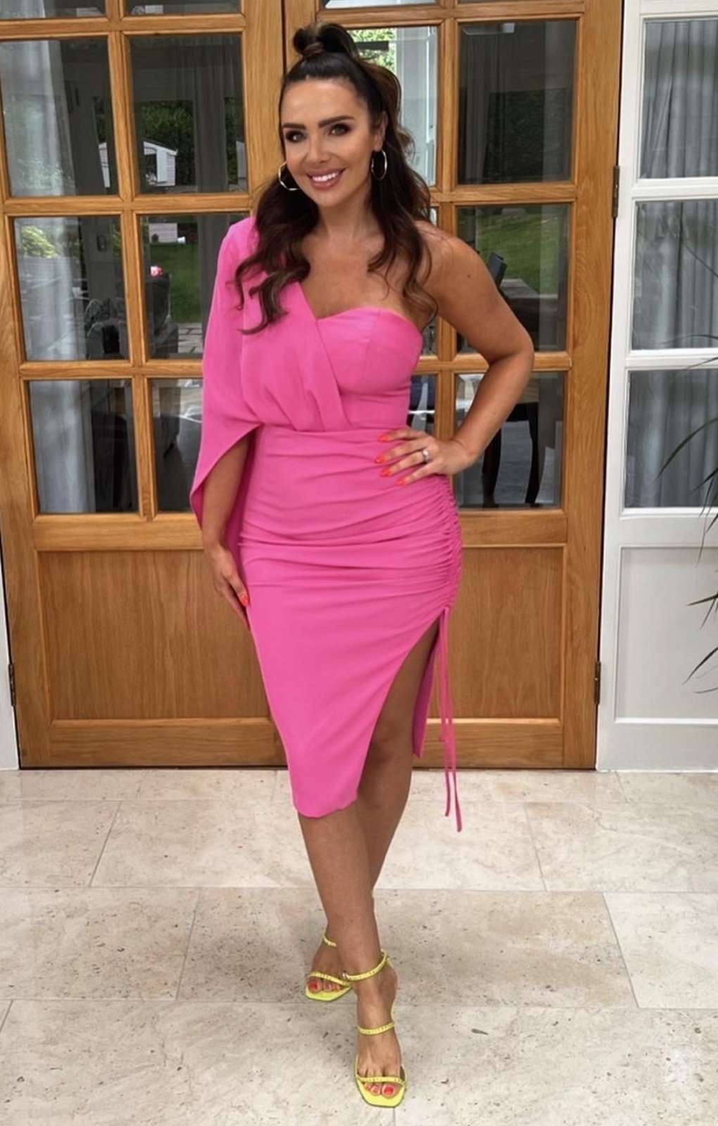 Lavish Alice Bright Pink Ruched Side Cape Midi Dress
