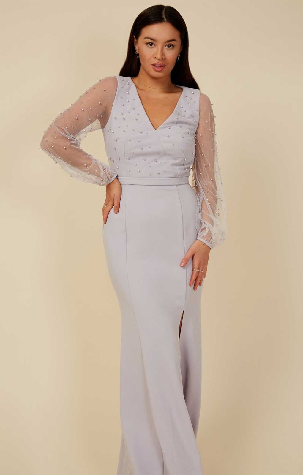 Little Mistress Sofie Dusty Blue Pearl Mesh Maxi Dress