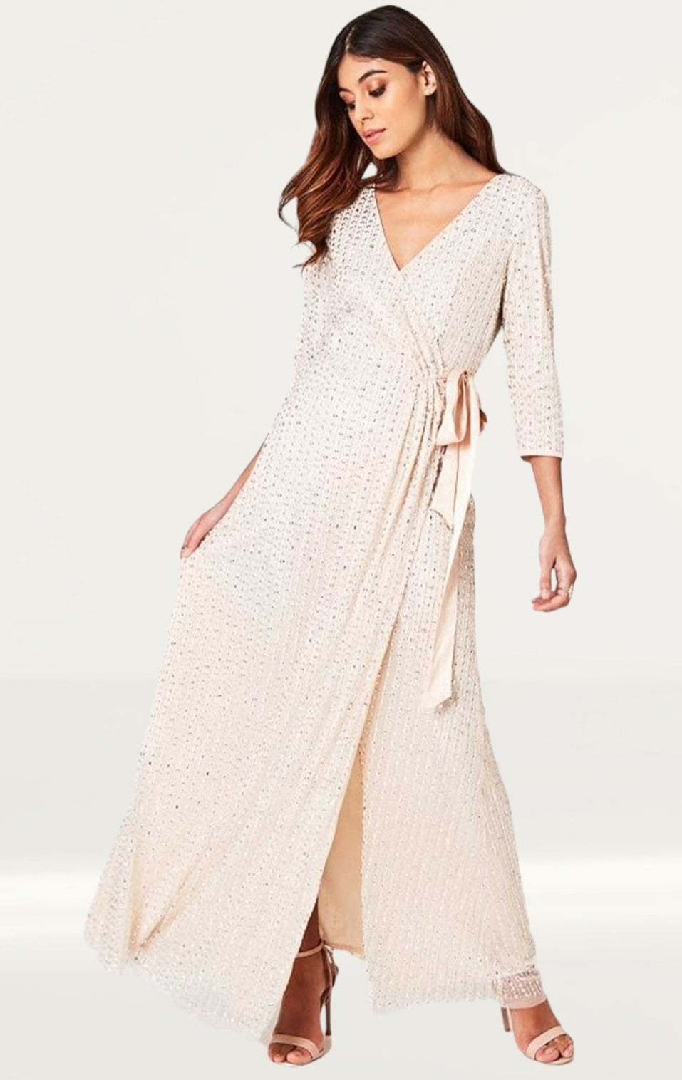 Little Mistress Cecily Nude Embellished Wrap Dress