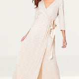 Little Mistress Cecily Nude Embellished Wrap Dress