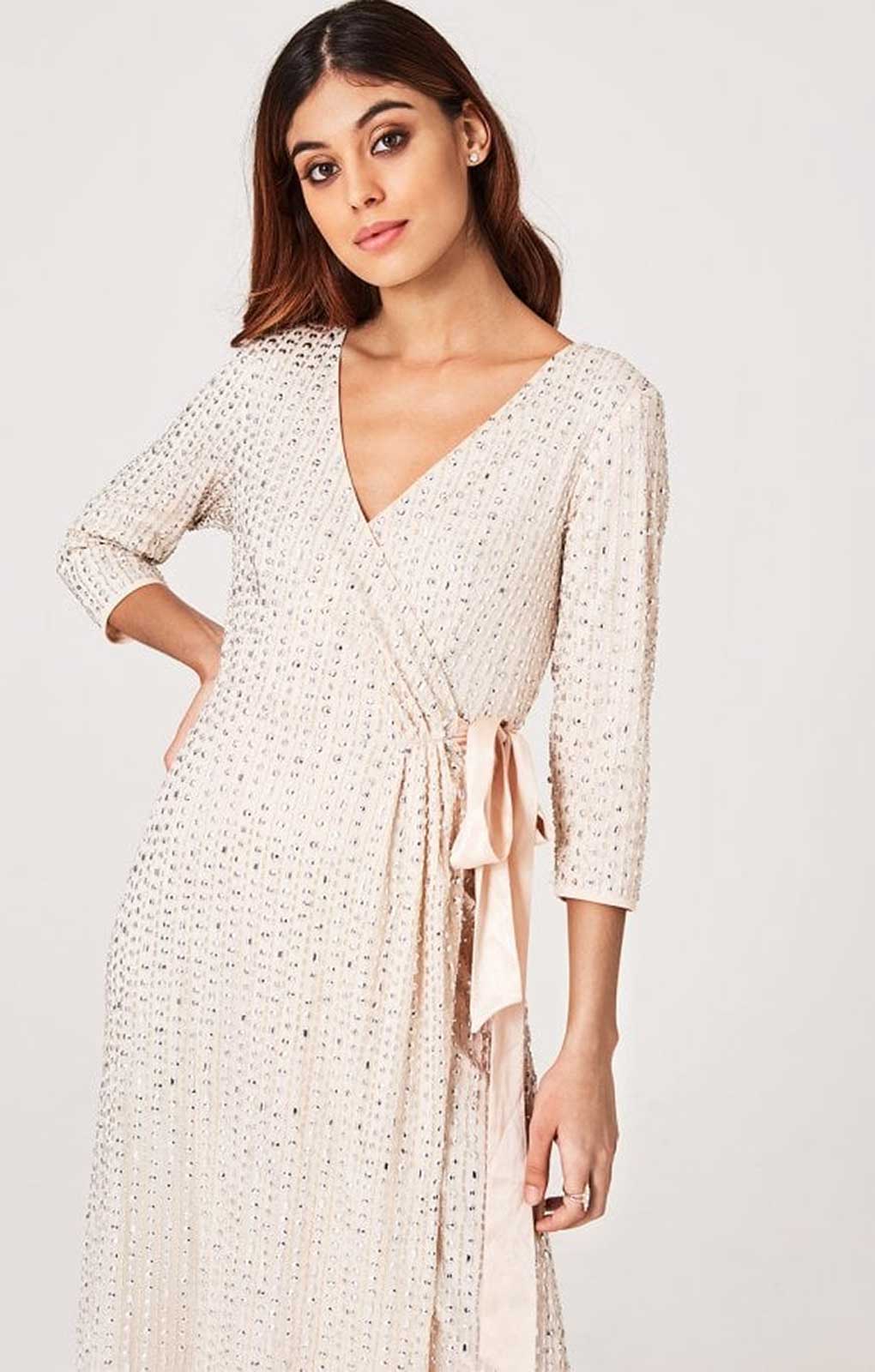 Little Mistress Cecily Nude Embellished Wrap Dress