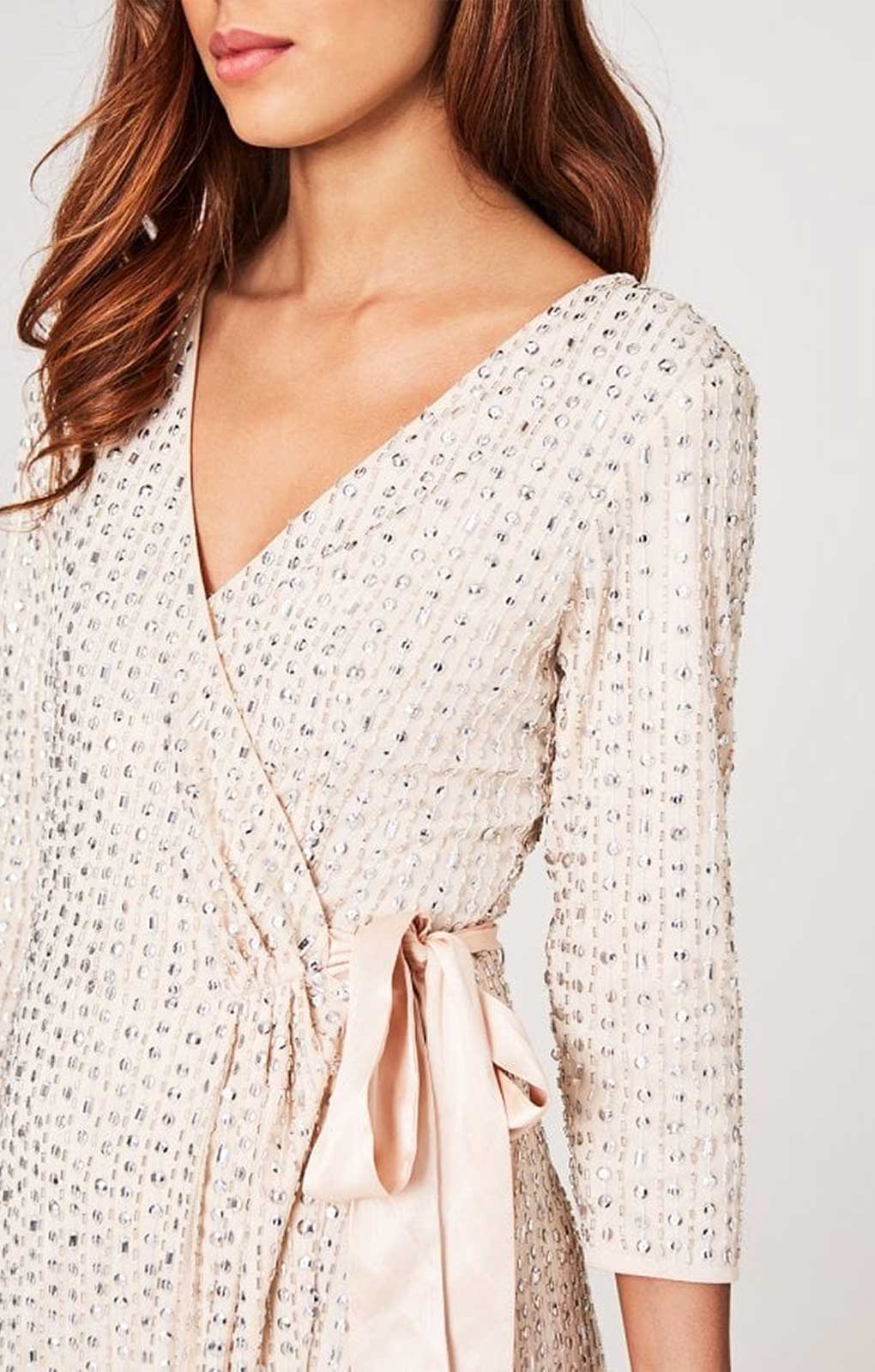 Little Mistress Cecily Nude Embellished Wrap Dress