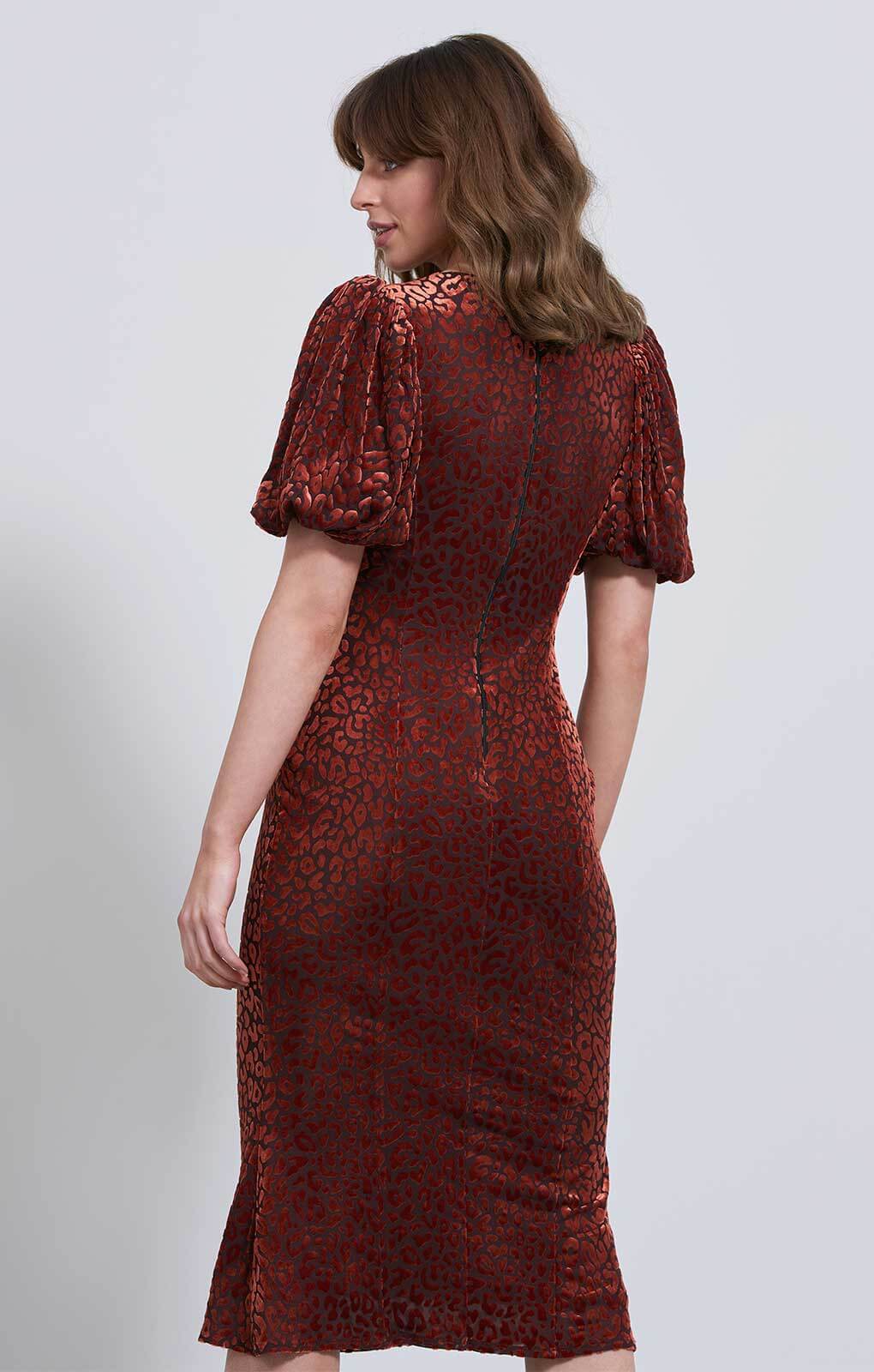 Little Mistress Jacquard Animal Print Puff Sleeve Midi Dress