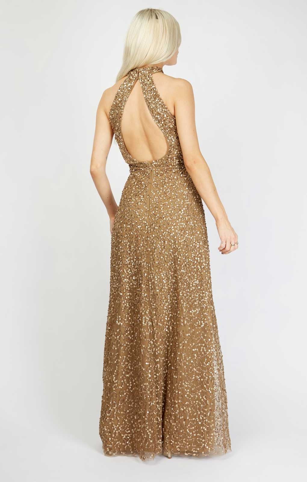 Little Mistress Nicky Gold Embellished Sequin Maxi Dress