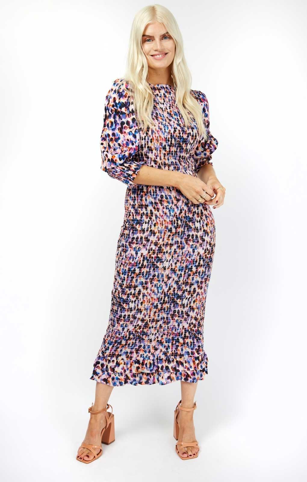 Little Mistress Multi Spot Print Shirred Midi