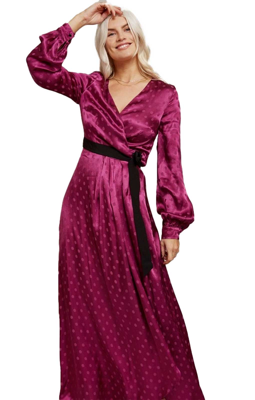 Little Mistress Tasmin Mulberry Polka-Dot Asymmetric Maxi Wrap Dress