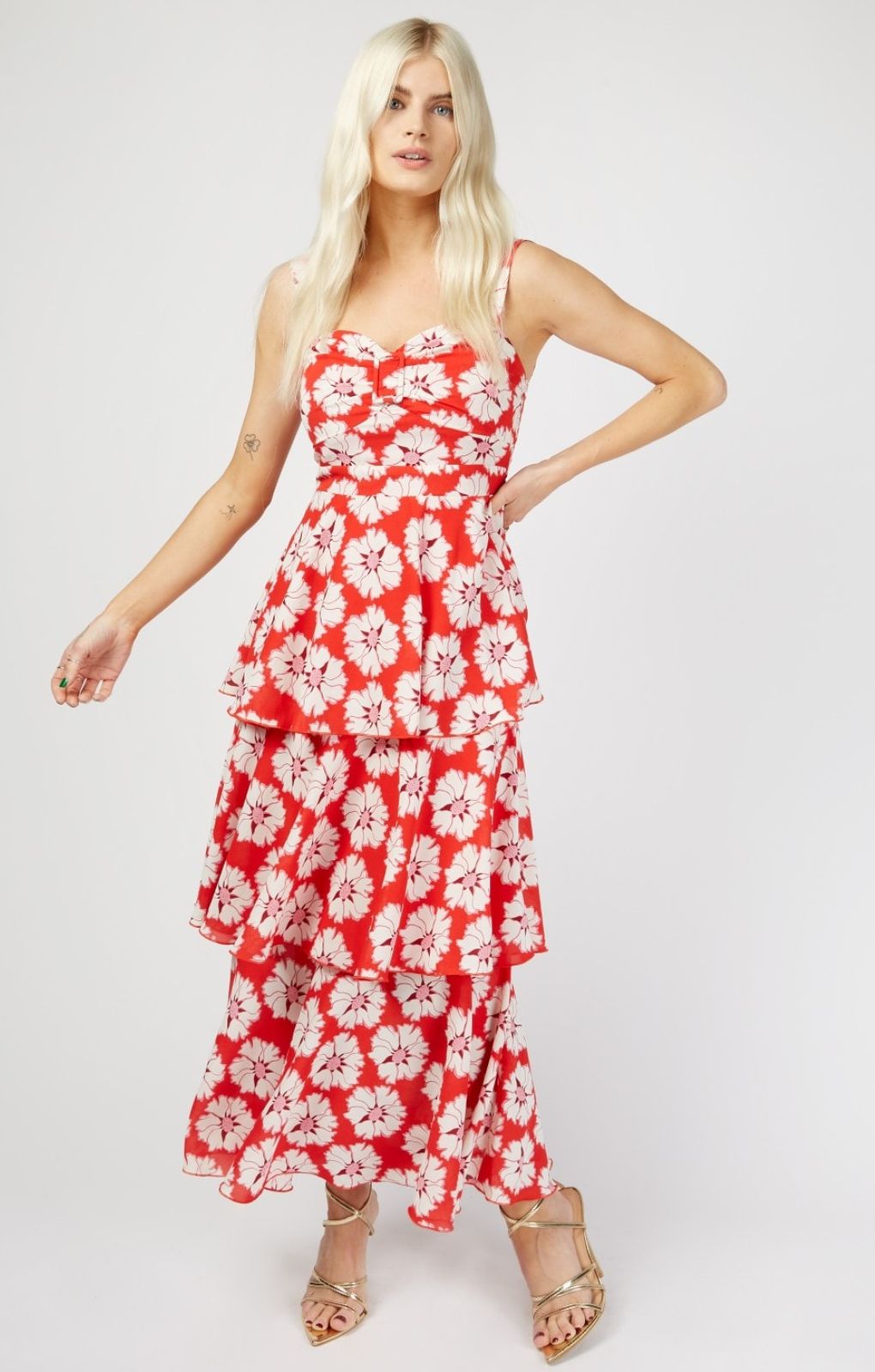 Little Mistress By Vogue Williams Red Floral Print Tiered Midaxi Dress