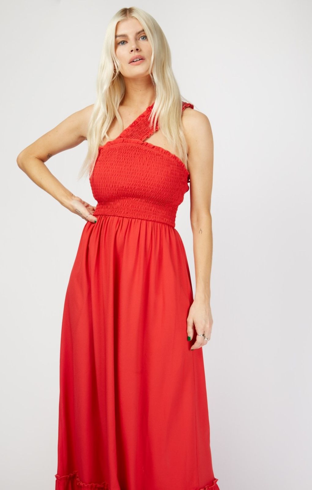 Little Mistress By Vogue Williams Red Shirred One-Shoulder Maxi Dress