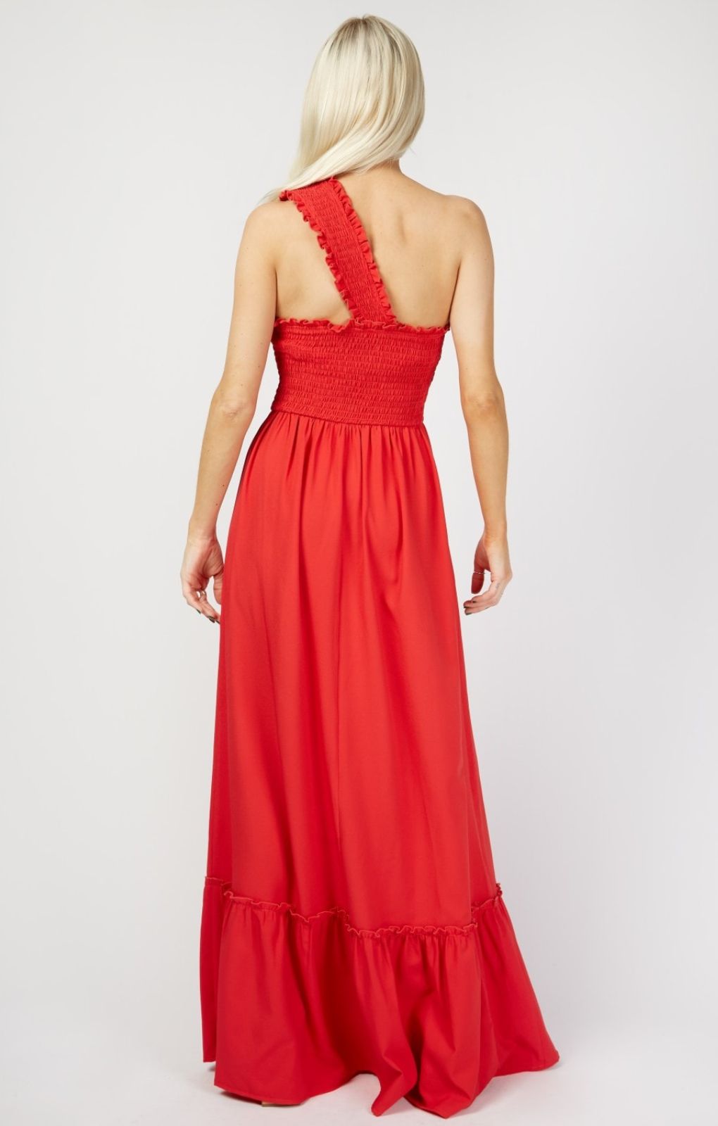Little Mistress By Vogue Williams Red Shirred One-Shoulder Maxi Dress