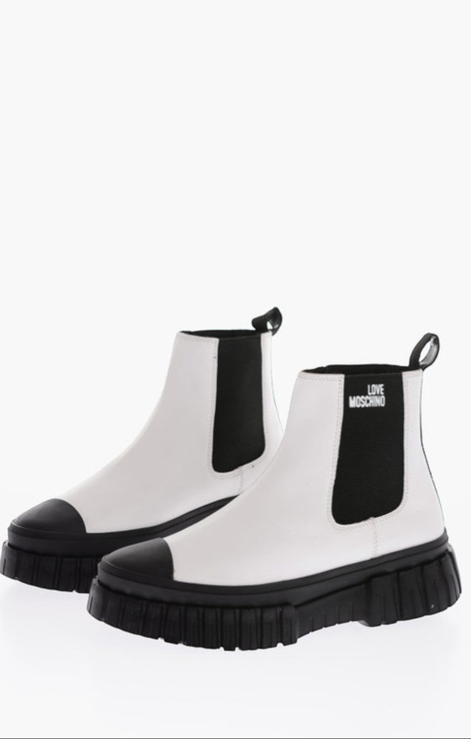 Love Moschino Two Tone Leather Chelsea Boots With Track Sole – shoes by Love Moschino, available to rent from Hirestreet
