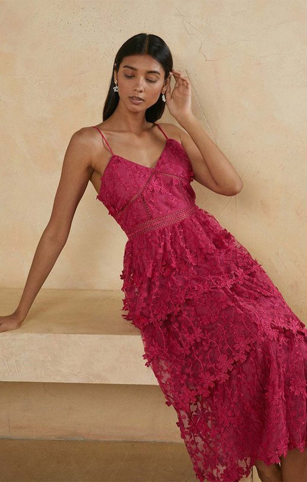Oasis Lace Tiered Strappy Midi Dress