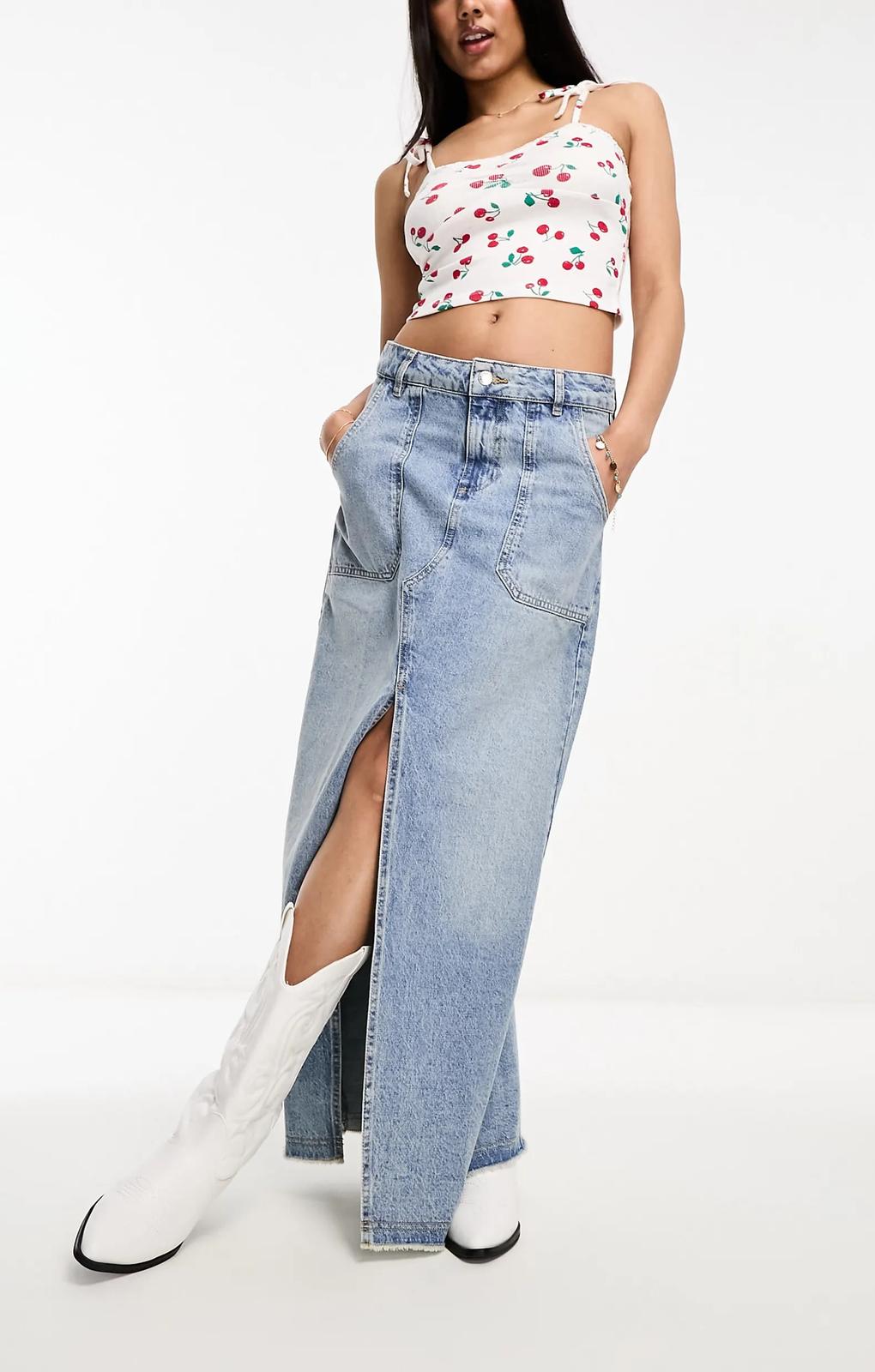 Miss Selfridge Denim Pocket Detail Maxi Skirt In Light Wash Blue – skirts by Miss Selfridge, available to rent from Hirestreet