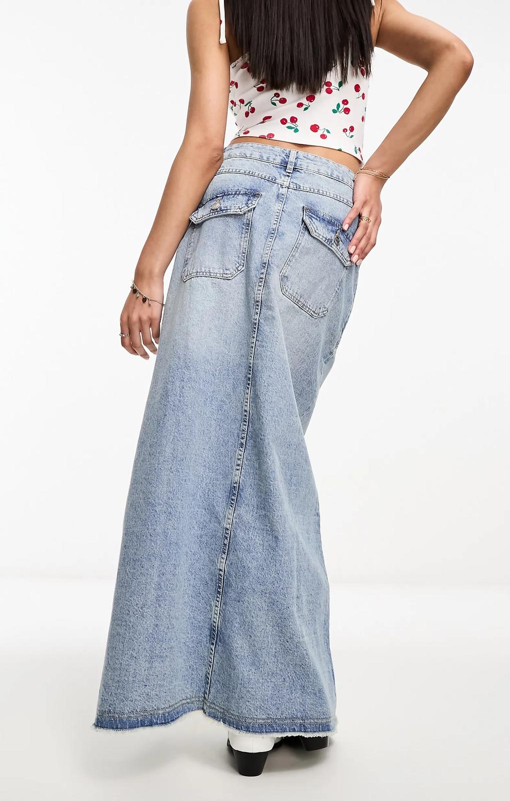 Miss Selfridge Denim Pocket Detail Maxi Skirt In Light Wash Blue – skirts by Miss Selfridge, available to rent from Hirestreet