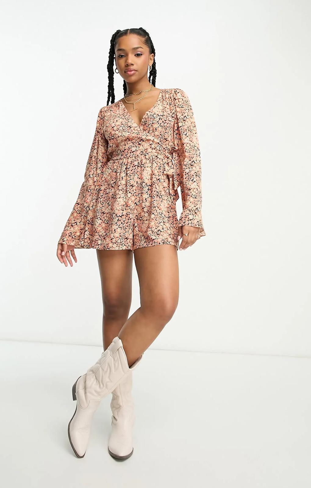 Miss Selfridge Festival Flared Sleeve Wrap Playsuit In Ditsy Print – jumpsuits & playsuits by Miss Selfridge, available to rent from Hirestreet