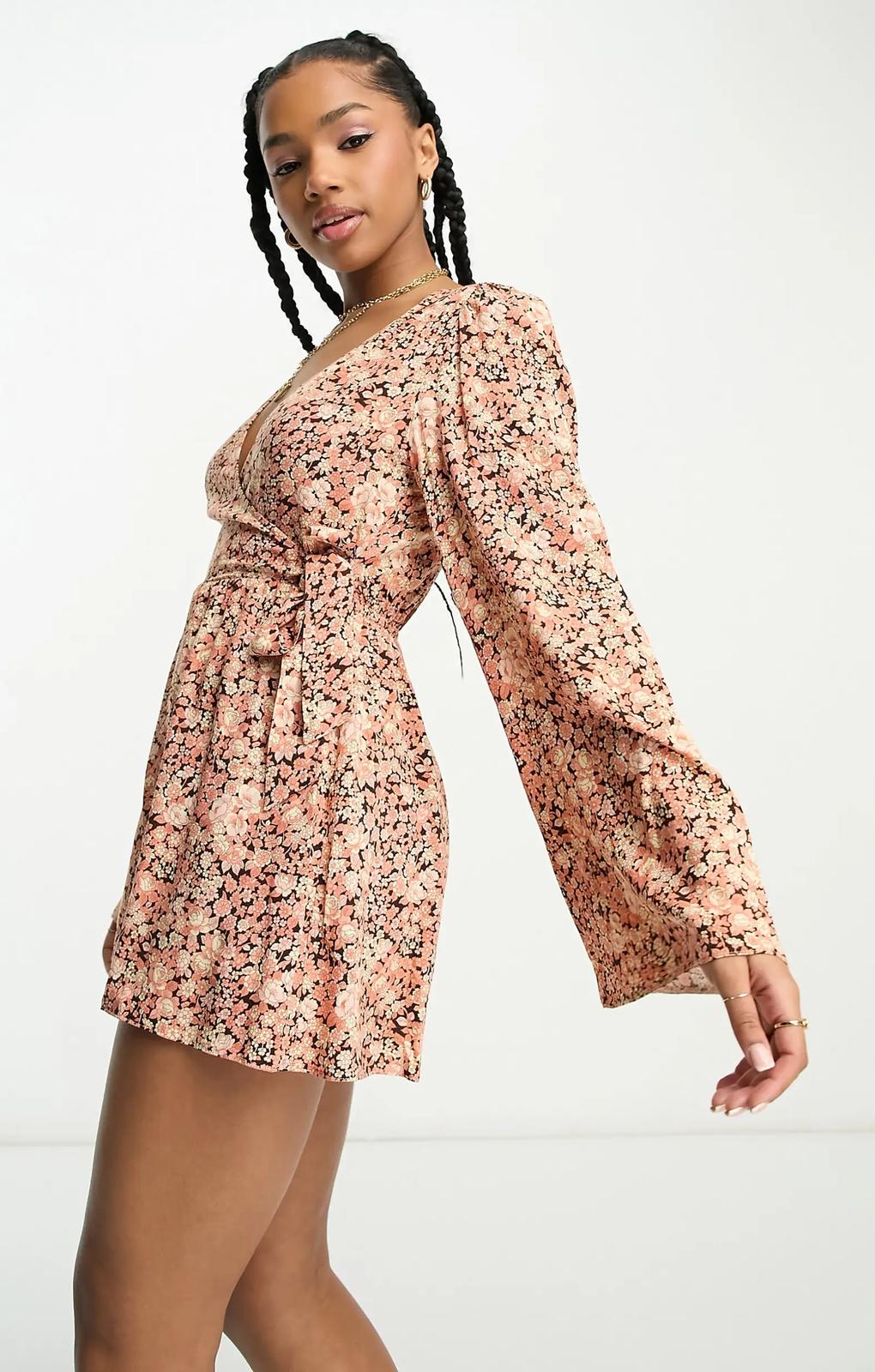 Miss Selfridge Festival Flared Sleeve Wrap Playsuit In Ditsy Print – jumpsuits & playsuits by Miss Selfridge, available to rent from Hirestreet