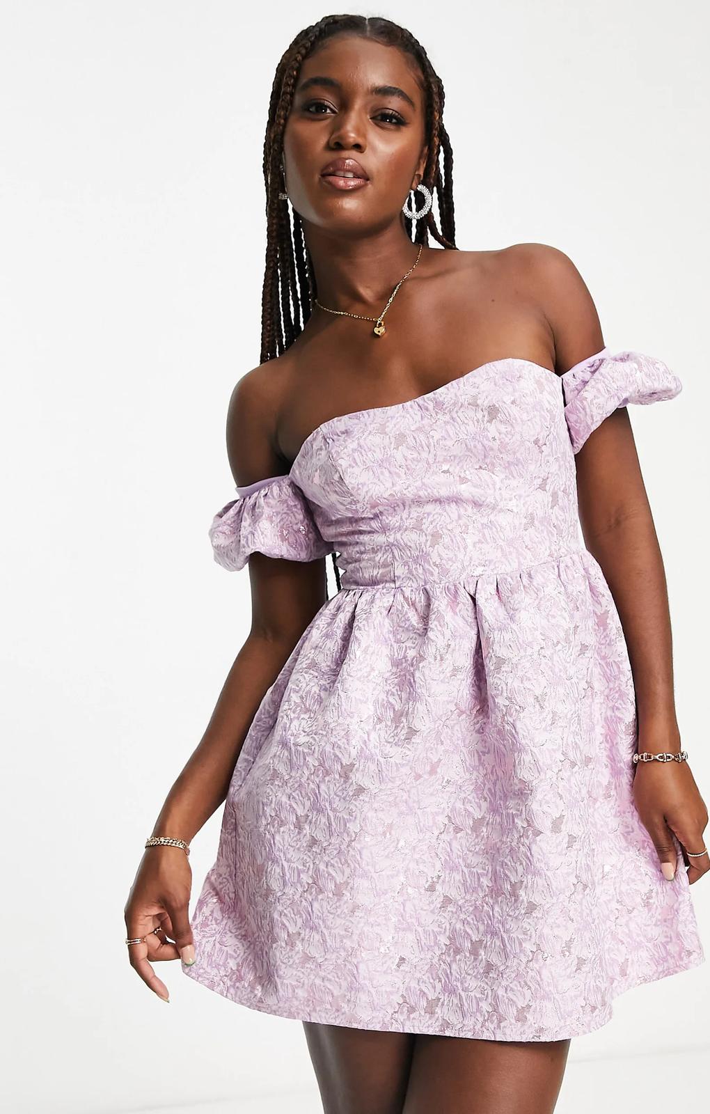 Miss Selfridge Jacquard Puff Sleeve Bardot Mini Dress In Lilac – dresses by Miss Selfridge, available to rent from Hirestreet