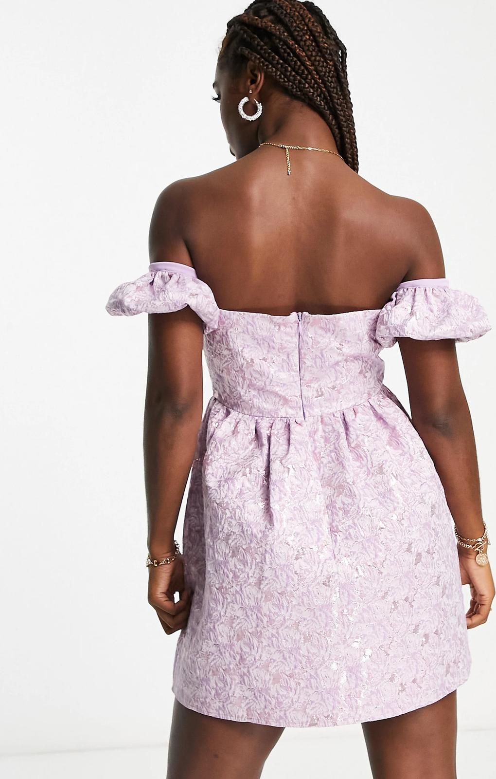 Miss Selfridge Jacquard Puff Sleeve Bardot Mini Dress In Lilac – dresses by Miss Selfridge, available to rent from Hirestreet