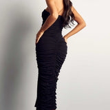 Misspap Black Premium Mesh V Bar Ruched Maxi Dress