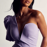 MissPap Lilac Puff Sleeve Asymmetric Midi Dress