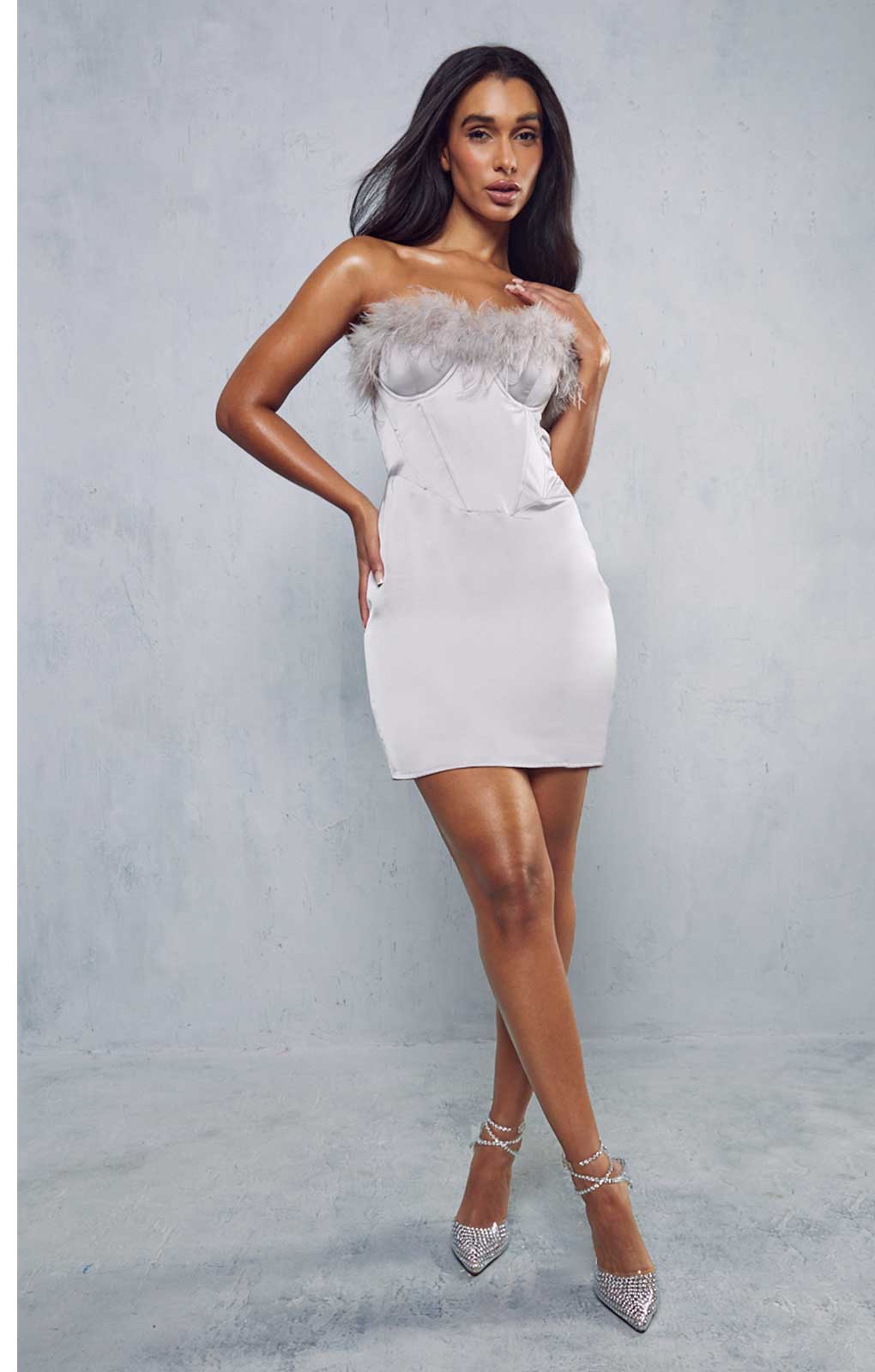 Misspap Mink Premium Satin Corset Feather Trim Mini Dress