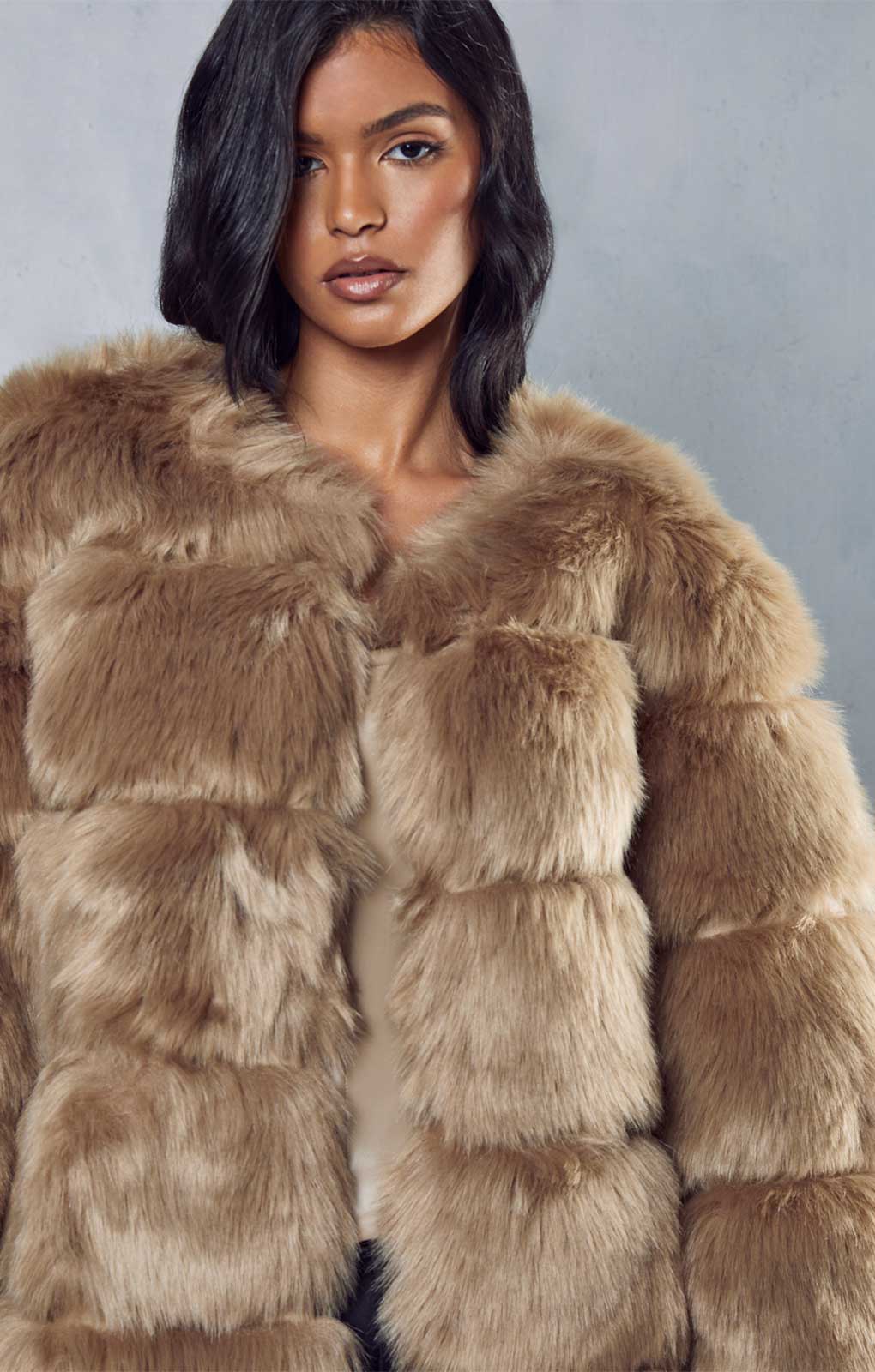 Misspap Stone Faux Fur Panelled Coat