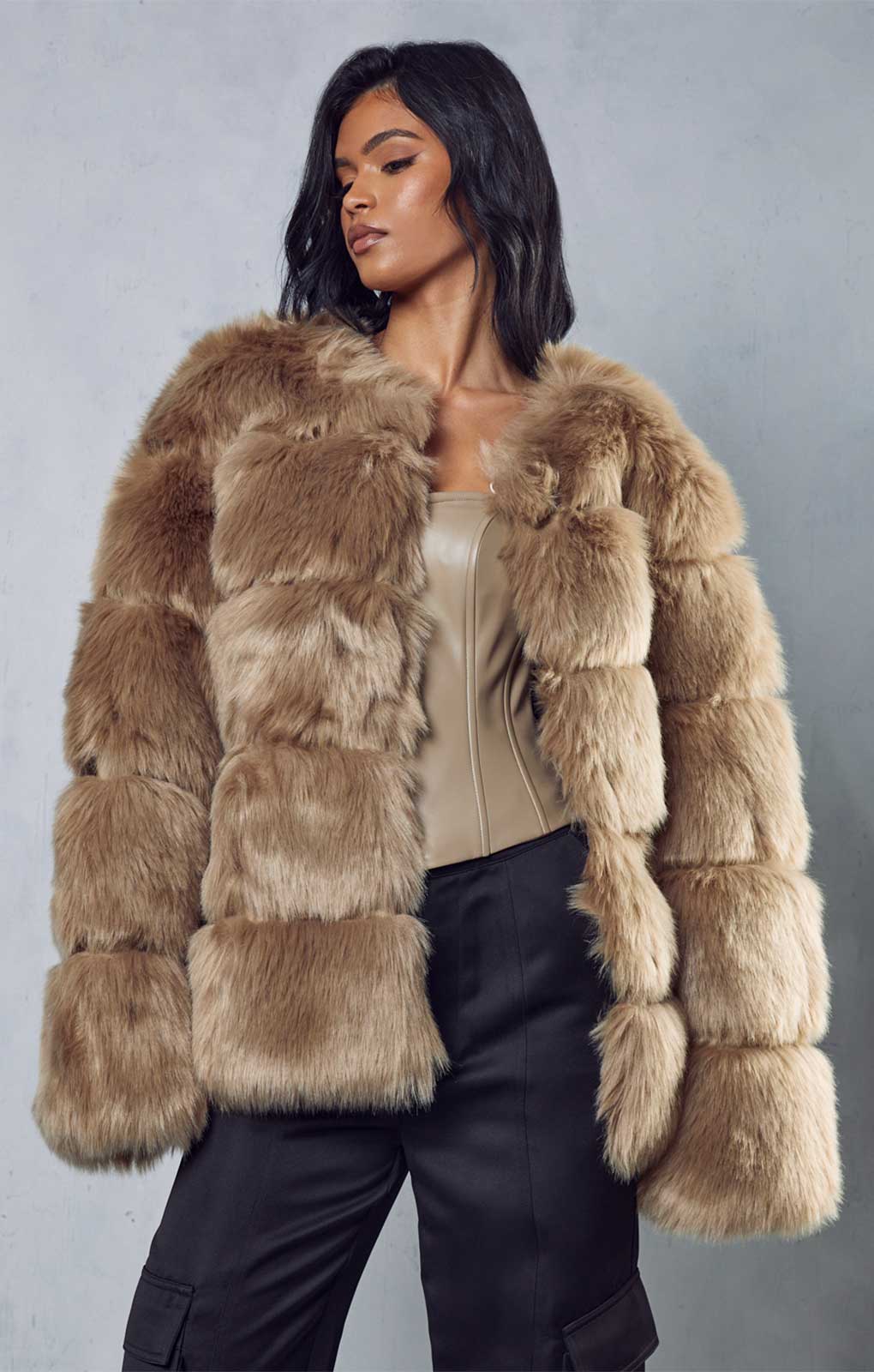 Misspap Stone Faux Fur Panelled Coat