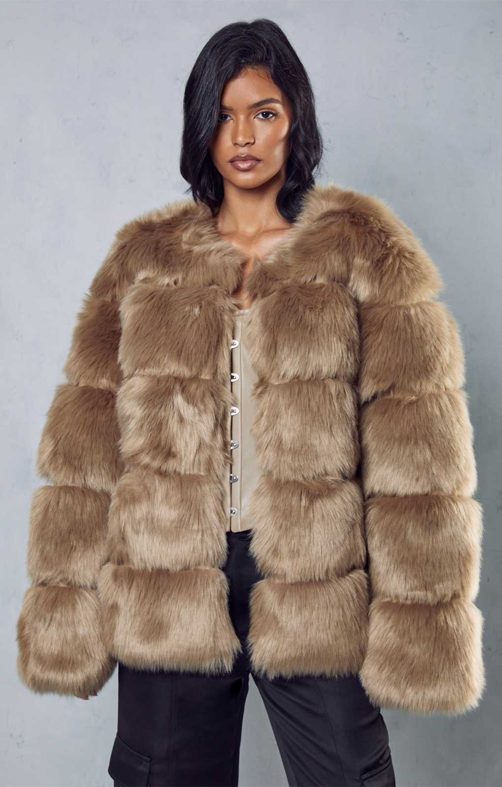 Misspap Stone Faux Fur Panelled Coat