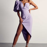 MissPap Lilac Puff Sleeve Asymmetric Midi Dress