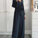M&S Navy Long Sleeve Wide Leg Jumpsuit