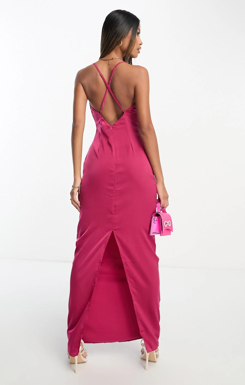 Naanaa Cowl Neck Satin Maxi Dress In Jewel Pink – dresses by NaaNaa, available to rent from Hirestreet