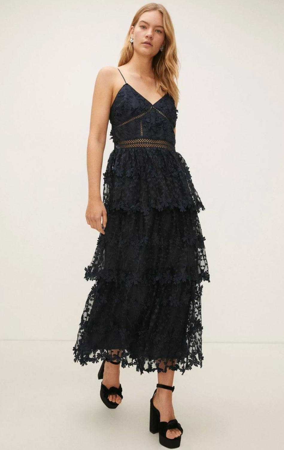 Oasis Navy Lace Tiered Strappy Midi Dress