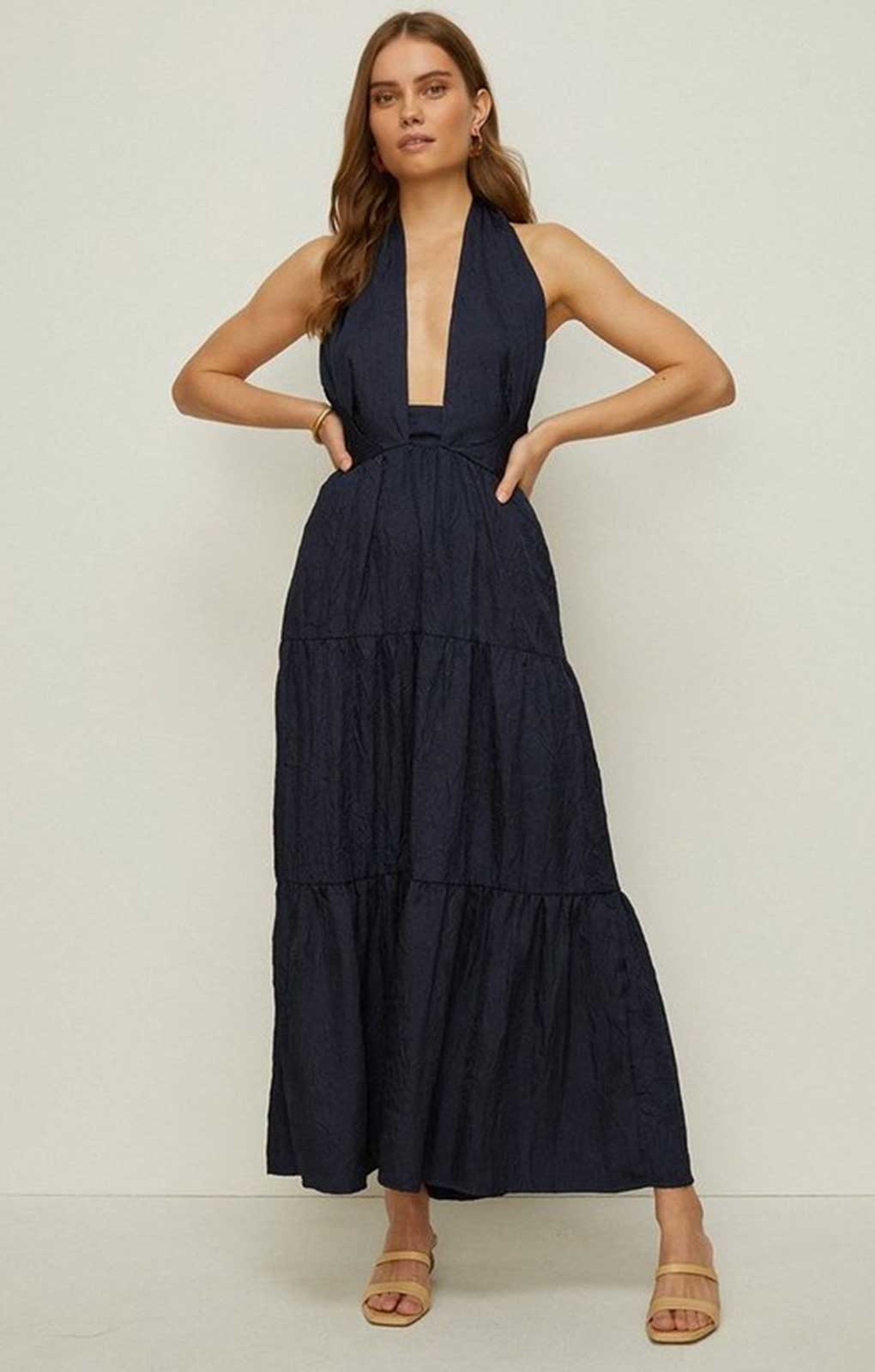 Oasis Navy Cross Neck Halter Tiered Maxi Dress product image