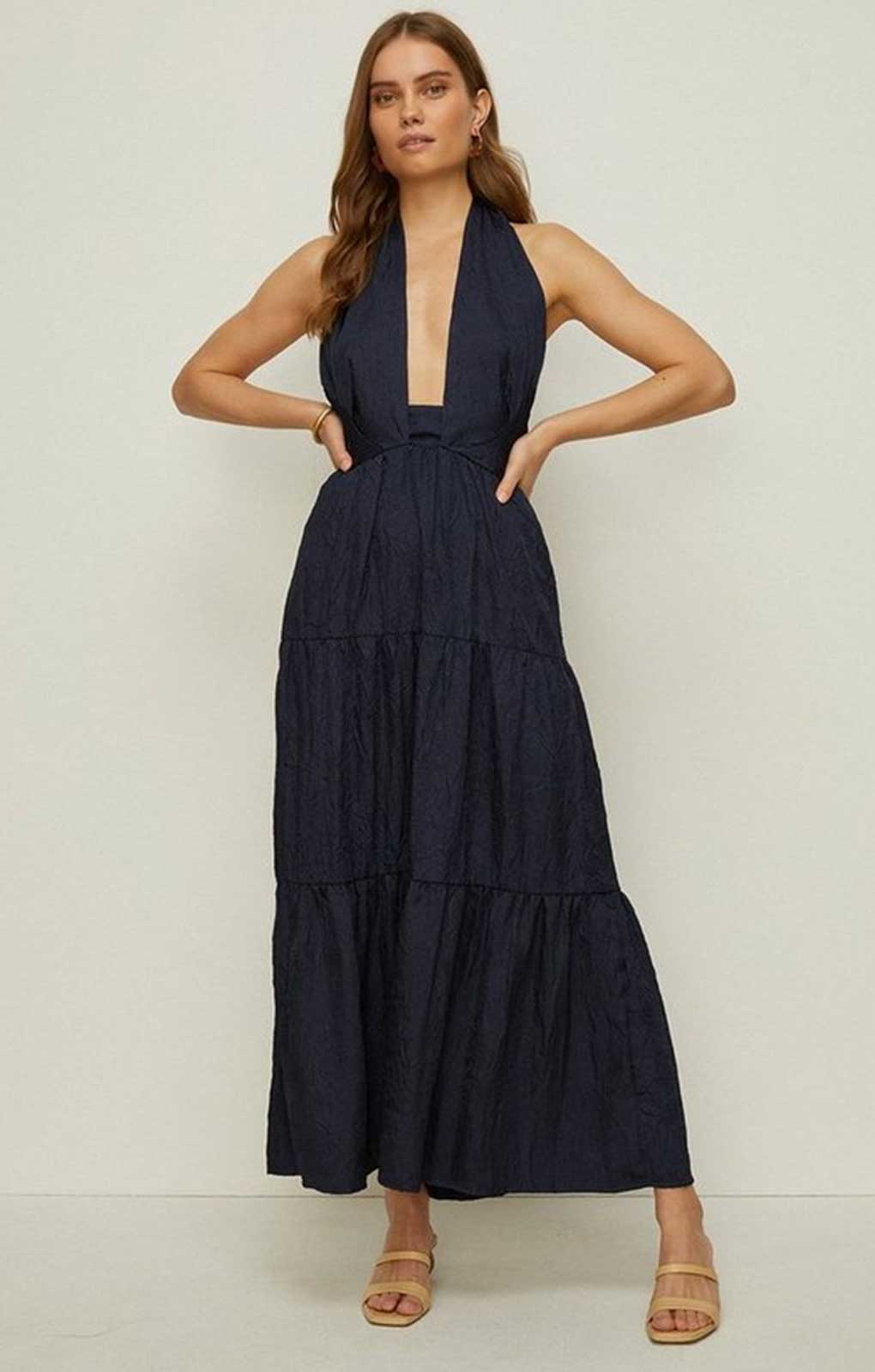 Rent Oasis Navy Cross Neck Halter Tiered Maxi Dress | Hirestreet Rent Oasis Navy Cross Neck Halter Tiered Maxi Dress | Hirestreet