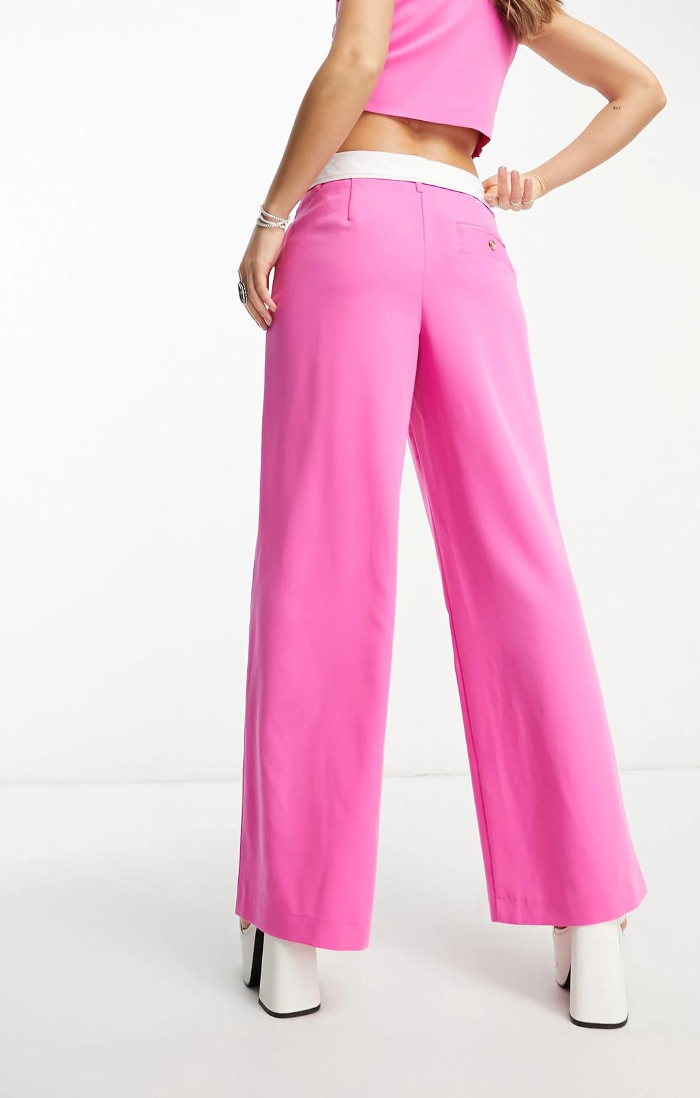 Neon & Nylon Contrast Folded Waistband Tailored Trousers In Bright Pink – trousers by Only, available to rent from Hirestreet