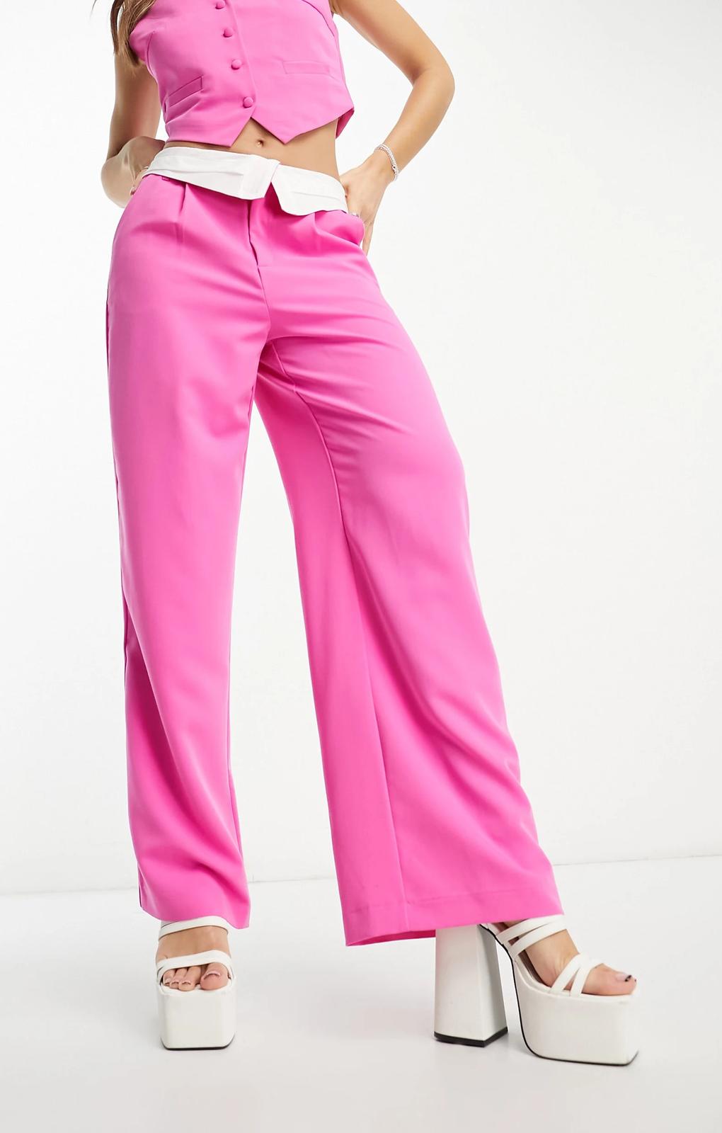 Neon & Nylon Contrast Folded Waistband Tailored Trousers In Bright Pink – trousers by Only, available to rent from Hirestreet