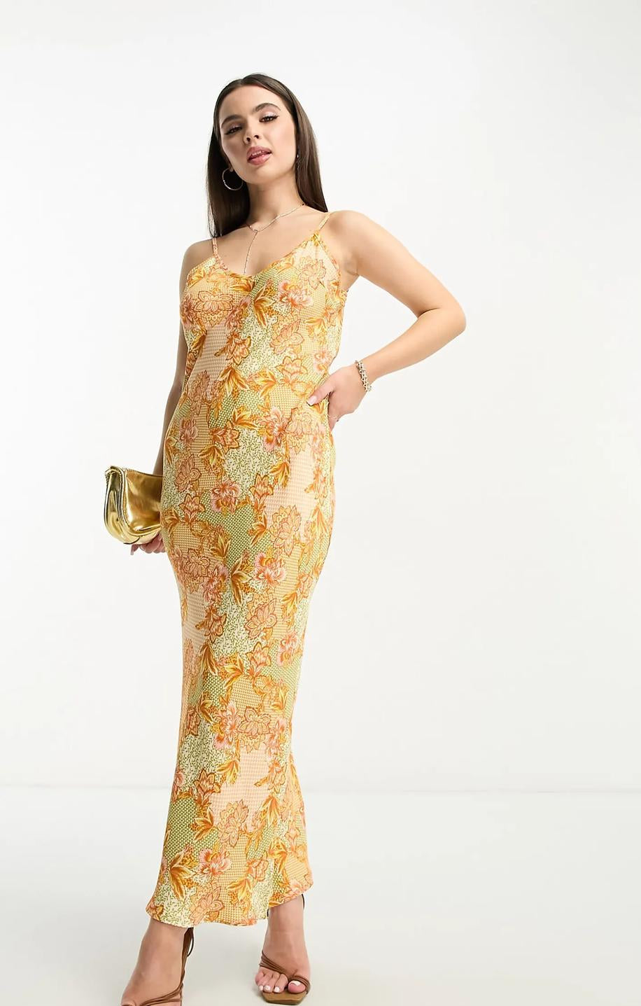 Never Fully Dressed Petite Satin Slip Maxi Dress In Lavish Gold Floral – dresses by Never Fully Dressed, available to rent from Hirestreet