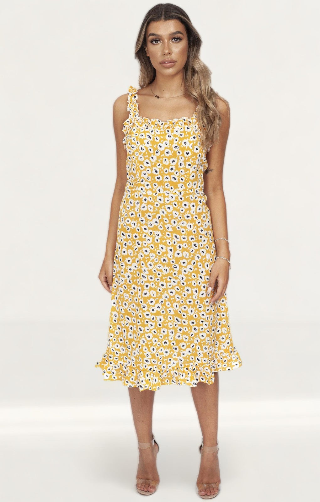 Never Fully Dressed Yellow Midi Dress With Frill Detail