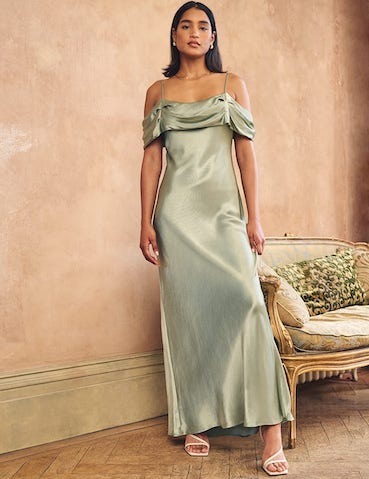 Nobody's Child Sage Green Satin Bardot Gaia Bridesmaid Maxi Dress