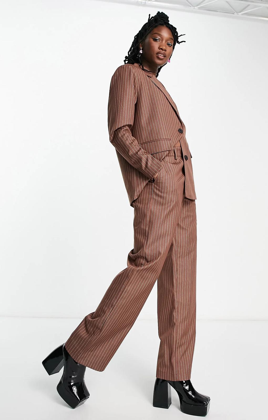 Noisy May Straight Trousers In Chocolate Pinstripe – trousers by Noisy May, available to rent from Hirestreet